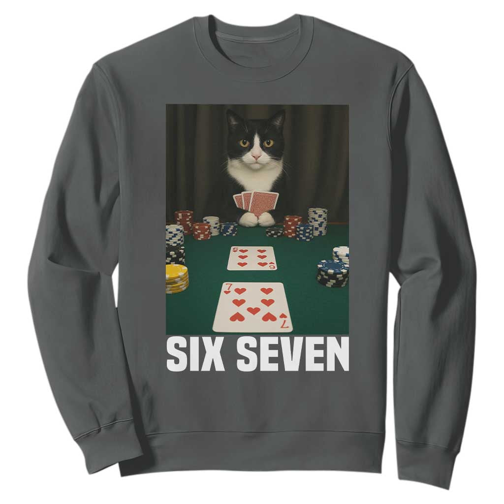 67 Poker Cat Sweatshirt Funny Six Seven Meme TS14 Dark Heather Print Your Wear