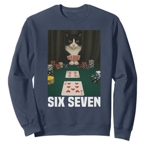 67 Poker Cat Sweatshirt Funny Six Seven Meme TS14 Navy Print Your Wear