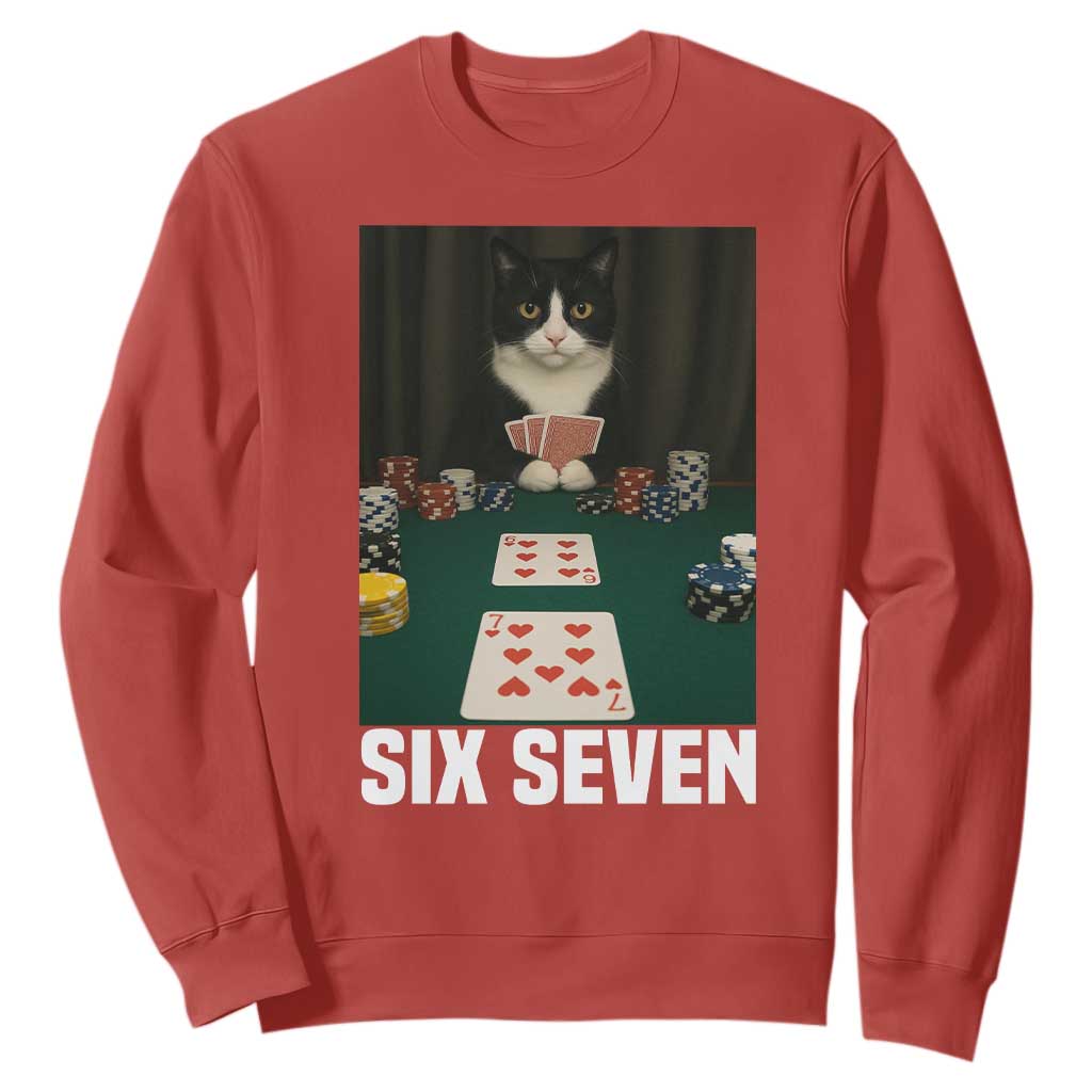 67 Poker Cat Sweatshirt Funny Six Seven Meme TS14 Red Print Your Wear