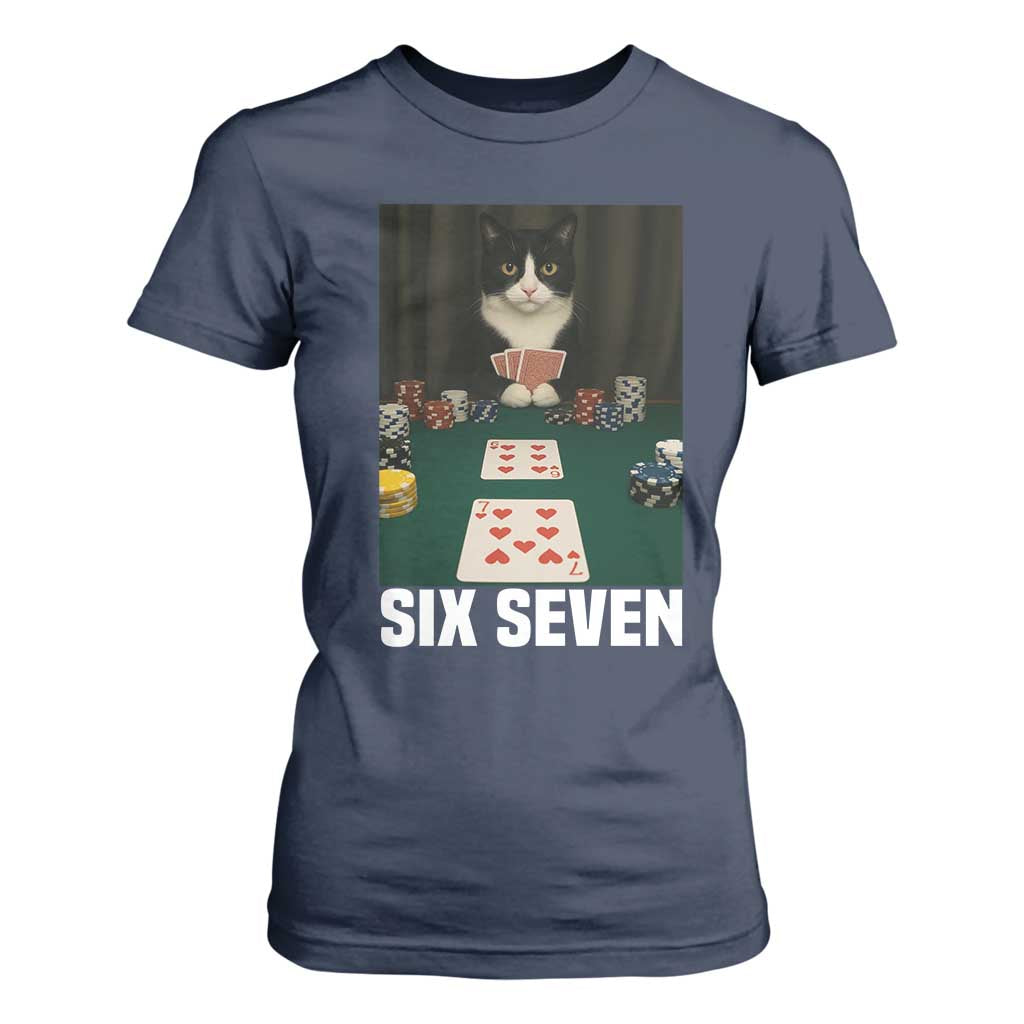 67 Poker Cat T Shirt For Women Funny Six Seven Meme TS14 Navy Print Your Wear