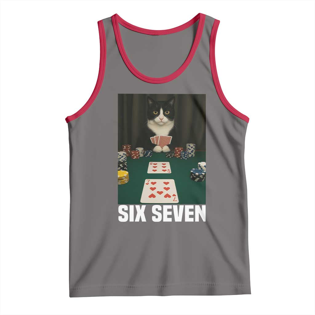 67 Poker Cat Tank Top Funny Six Seven Meme TS14 Deep Heather Red Print Your Wear