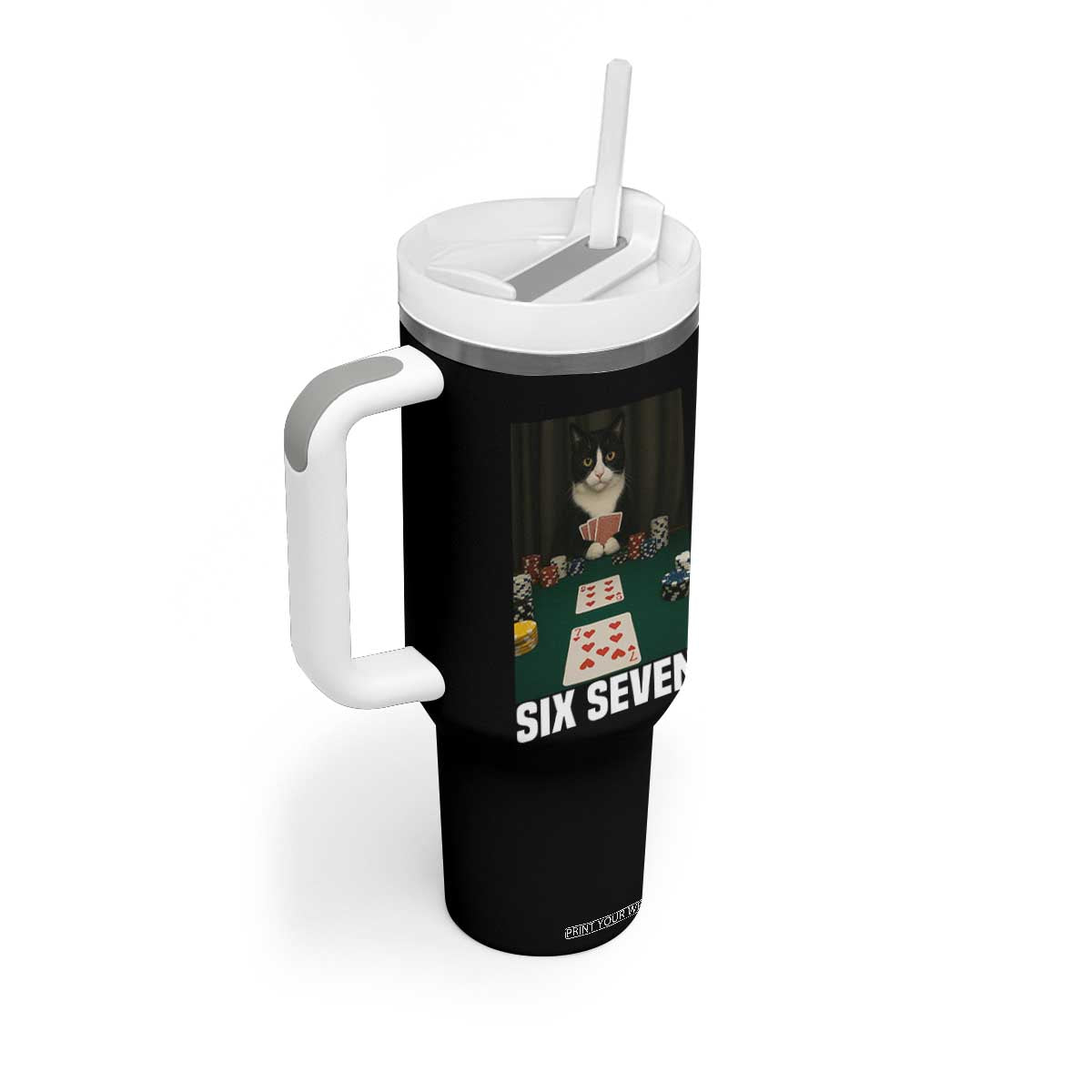 67 Poker Cat Tumbler With Handle Funny Six Seven Meme TS14 Print Your Wear