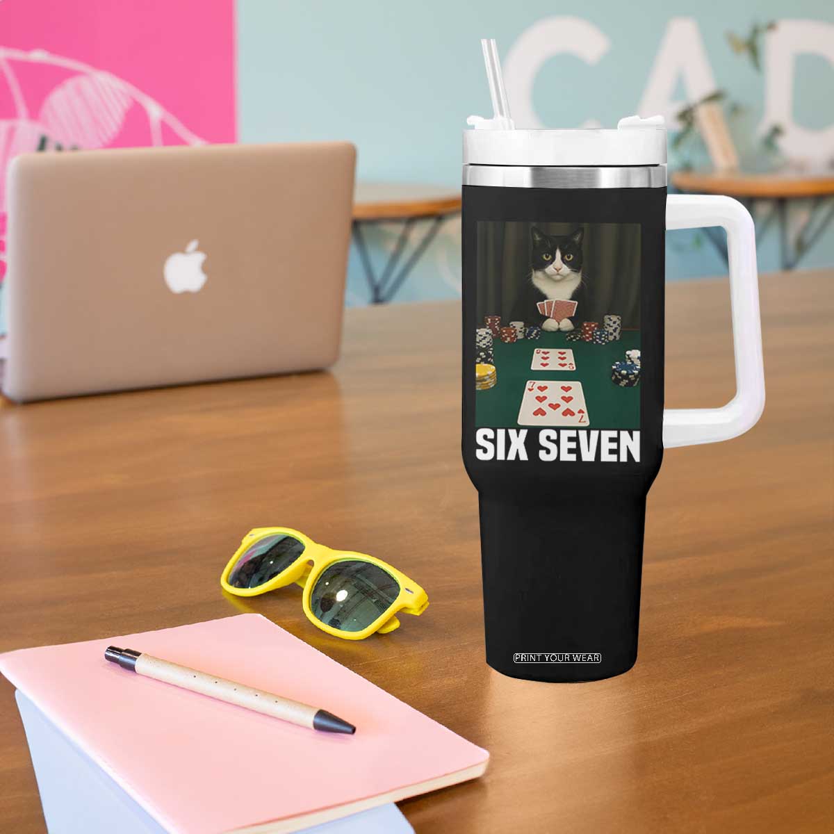 67 Poker Cat Tumbler With Handle Funny Six Seven Meme TS14 Print Your Wear