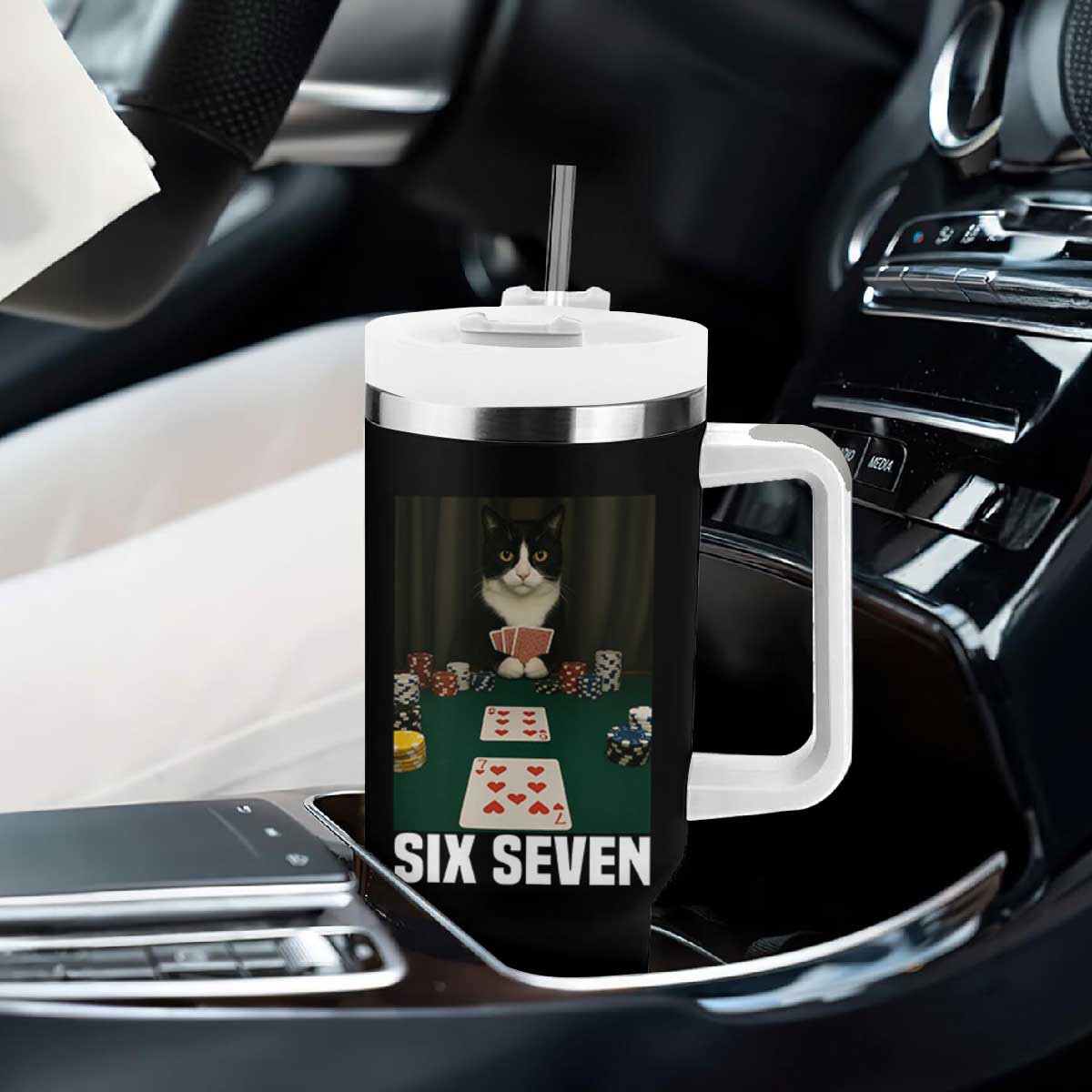 67 Poker Cat Tumbler With Handle Funny Six Seven Meme TS14 Print Your Wear