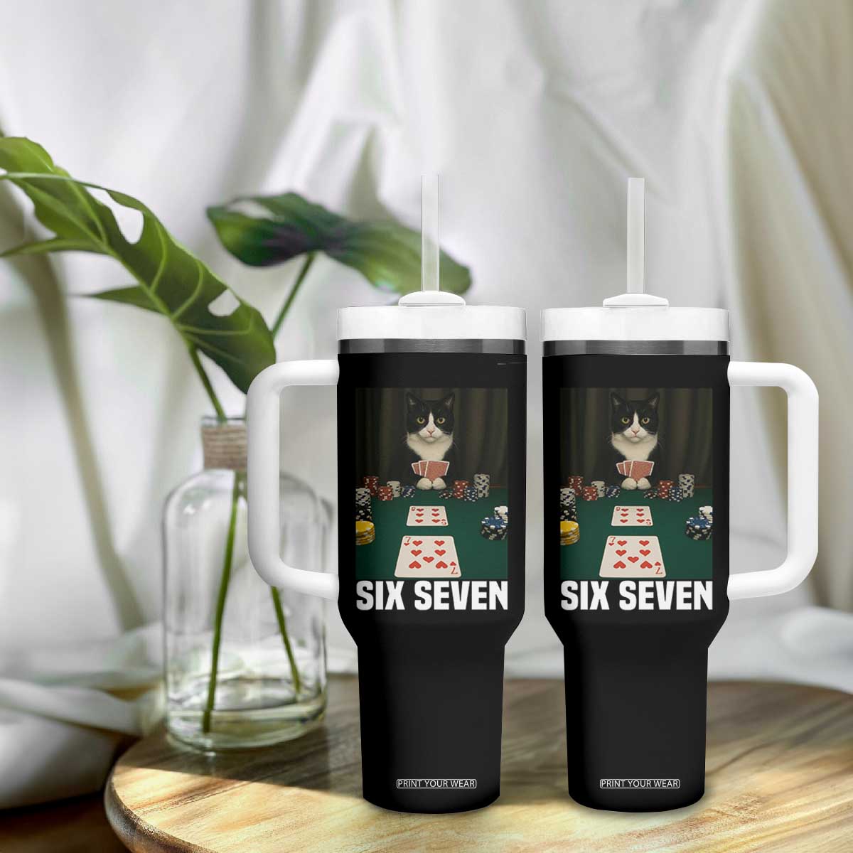 67 Poker Cat Tumbler With Handle Funny Six Seven Meme TS14 Print Your Wear
