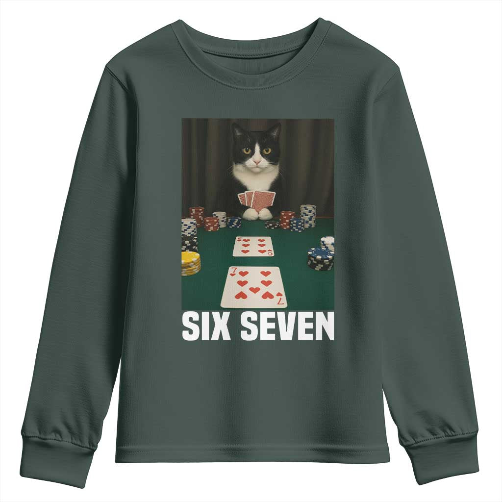67 Poker Cat Youth Sweatshirt Funny Six Seven Meme TS14 Dark Forest Green Print Your Wear