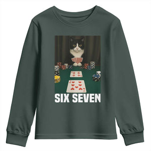 67 Poker Cat Youth Sweatshirt Funny Six Seven Meme TS14 Dark Forest Green Print Your Wear
