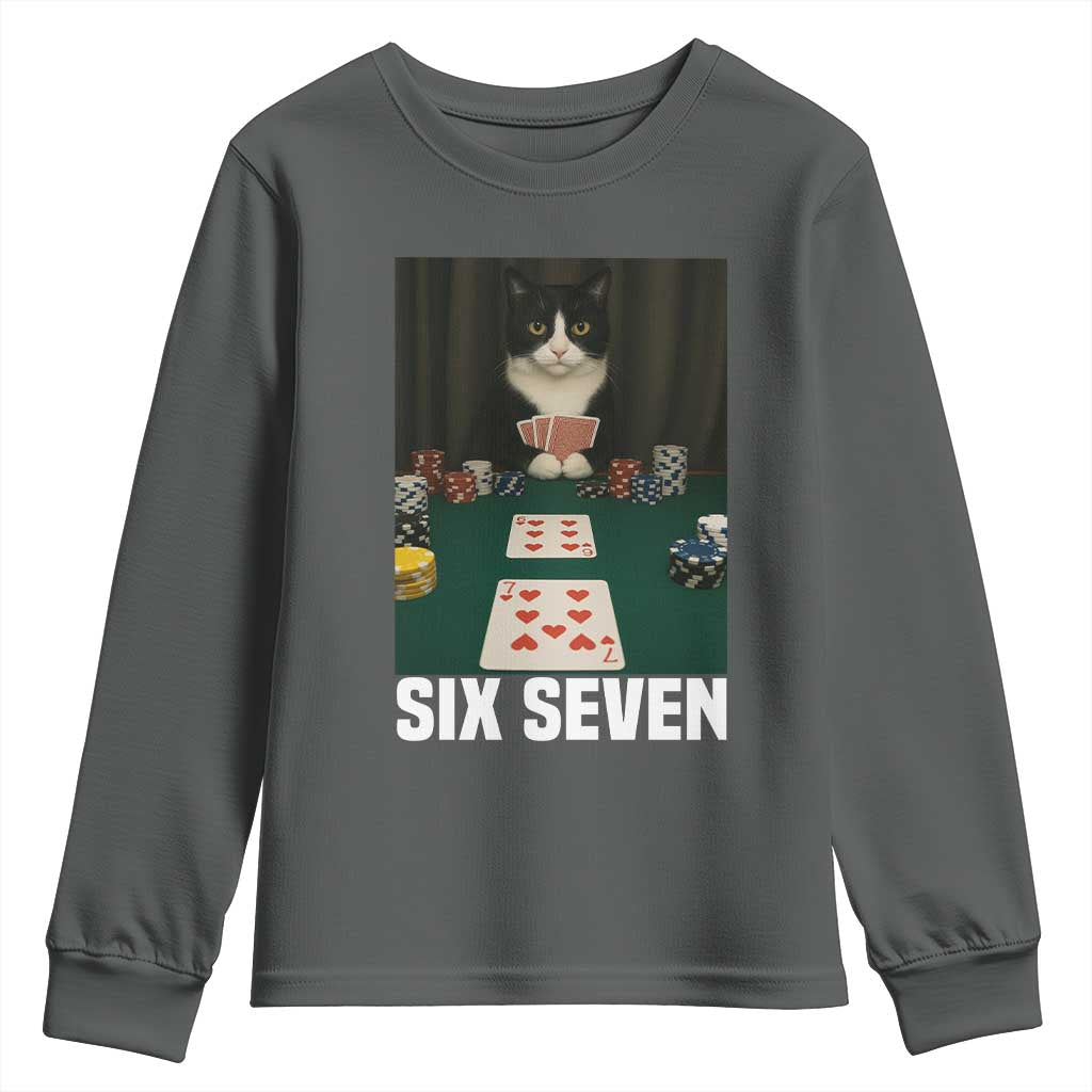 67 Poker Cat Youth Sweatshirt Funny Six Seven Meme TS14 Dark Heather Print Your Wear