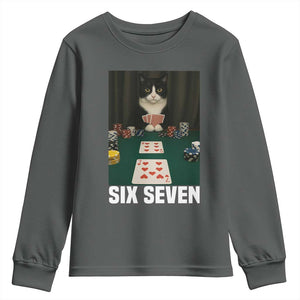 67 Poker Cat Youth Sweatshirt Funny Six Seven Meme TS14 Dark Heather Print Your Wear