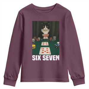 67 Poker Cat Youth Sweatshirt Funny Six Seven Meme TS14 Maroon Print Your Wear