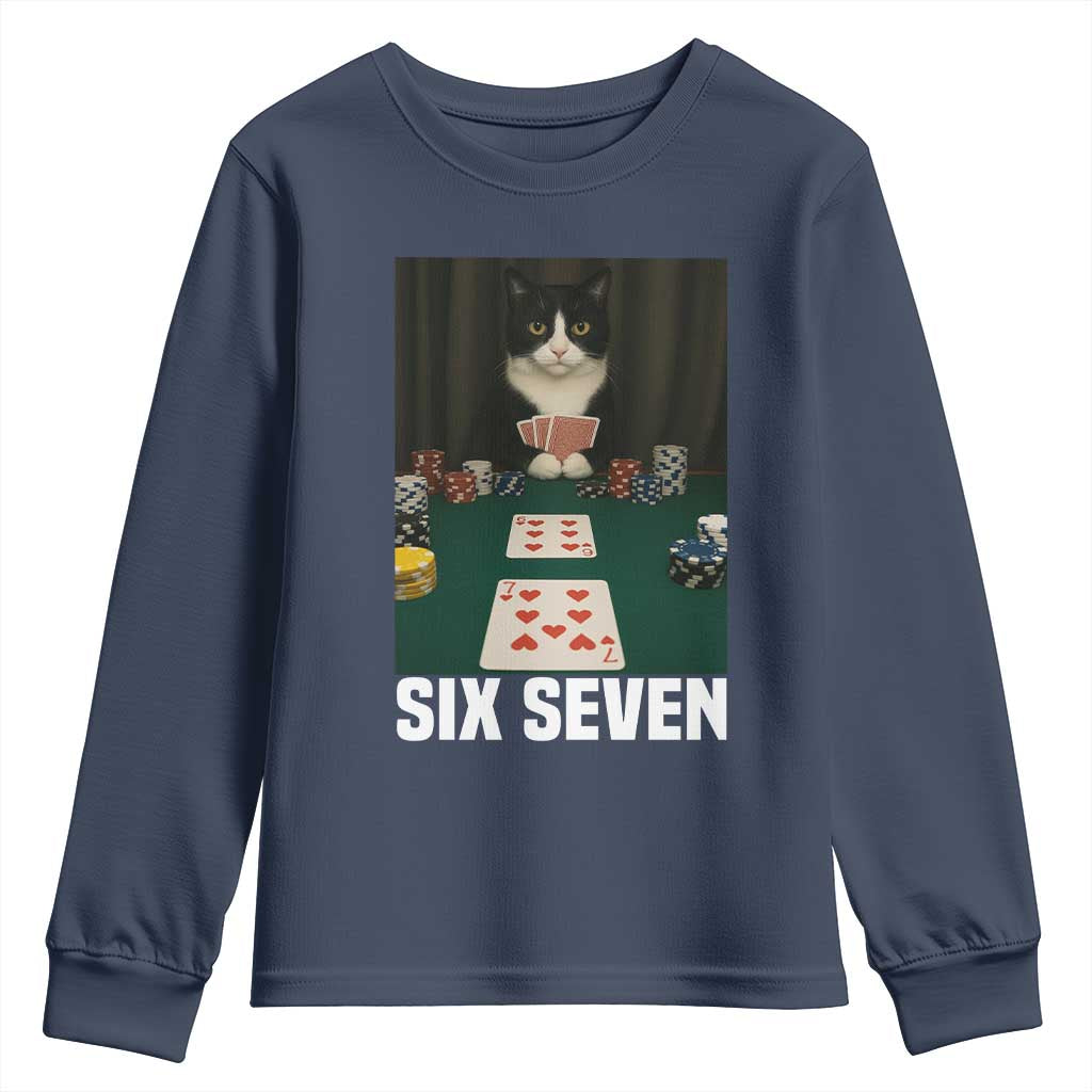 67 Poker Cat Youth Sweatshirt Funny Six Seven Meme TS14 Navy Print Your Wear