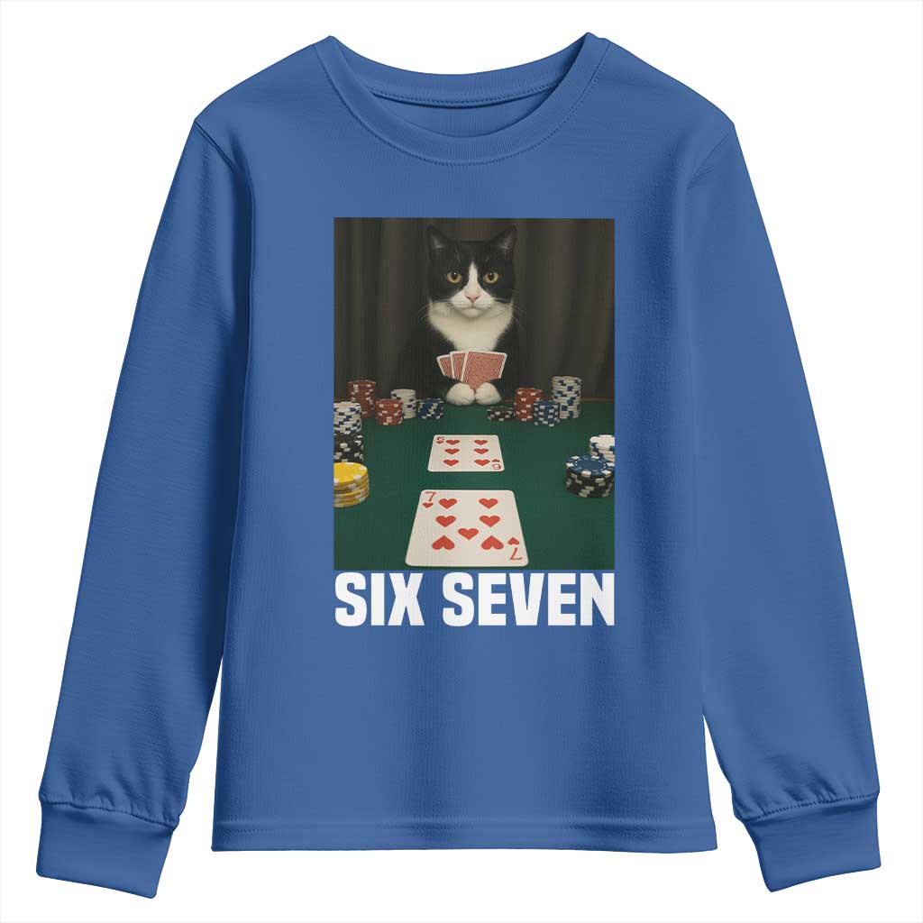 67 Poker Cat Youth Sweatshirt Funny Six Seven Meme TS14 Royal Blue Print Your Wear