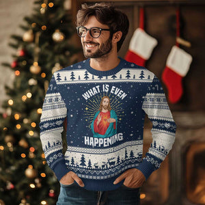 Funny Christian Ugly Christmas Sweater What Is Even Happening TS14 Navy Beige Print Your Wear