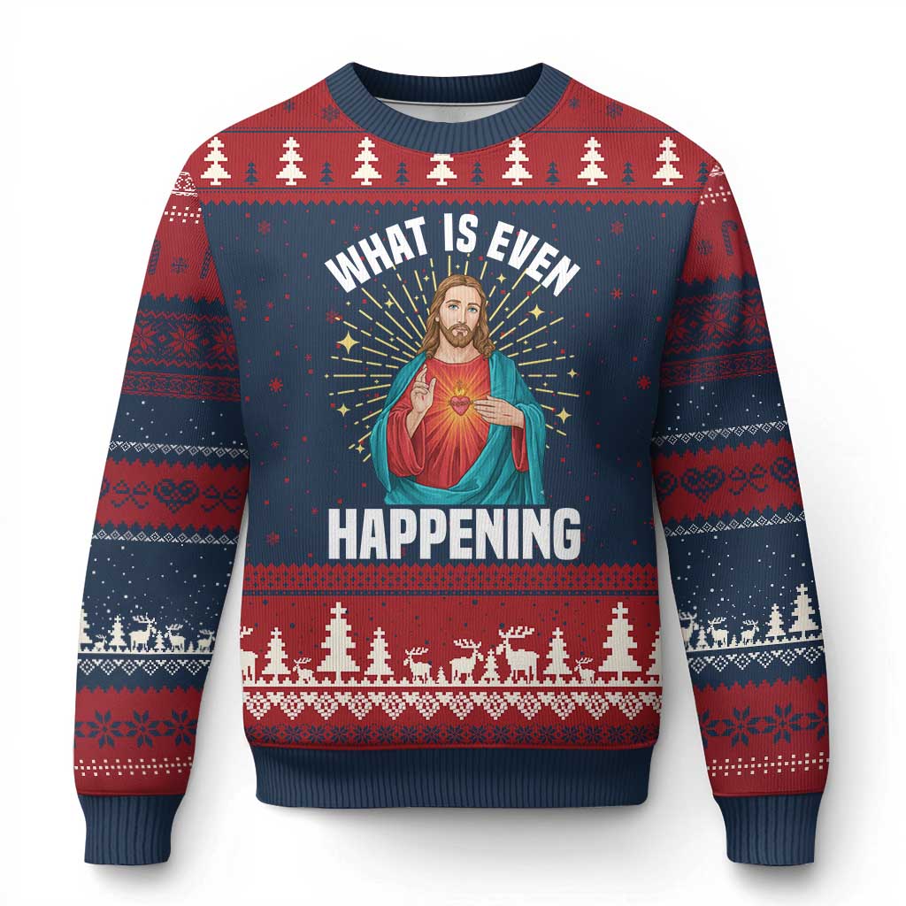 Funny Christian Ugly Christmas Sweater What Is Even Happening TS14 Navy Red Print Your Wear