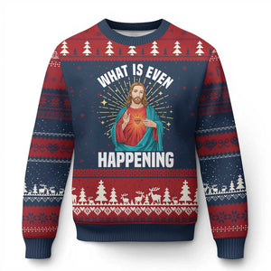 Funny Christian Ugly Christmas Sweater What Is Even Happening TS14 Navy Red Print Your Wear