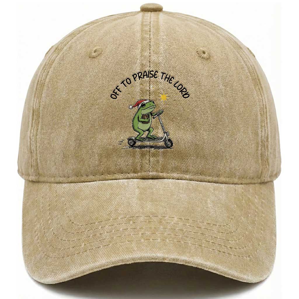 Off To Praise The Lord Washed Cotton Baseball Cap Funny Frog Christian TS14 Washed Cap Universal Fit Khaki Print Your Wear