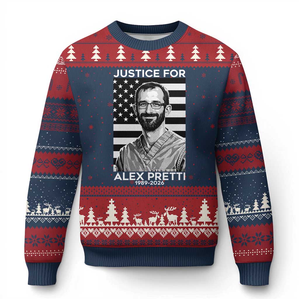 Justices for Alex Pretti Ugly Christmas Sweater Resist ICE Immigration Deportation Protest Minnesota TS14 Navy Red Print Your Wear
