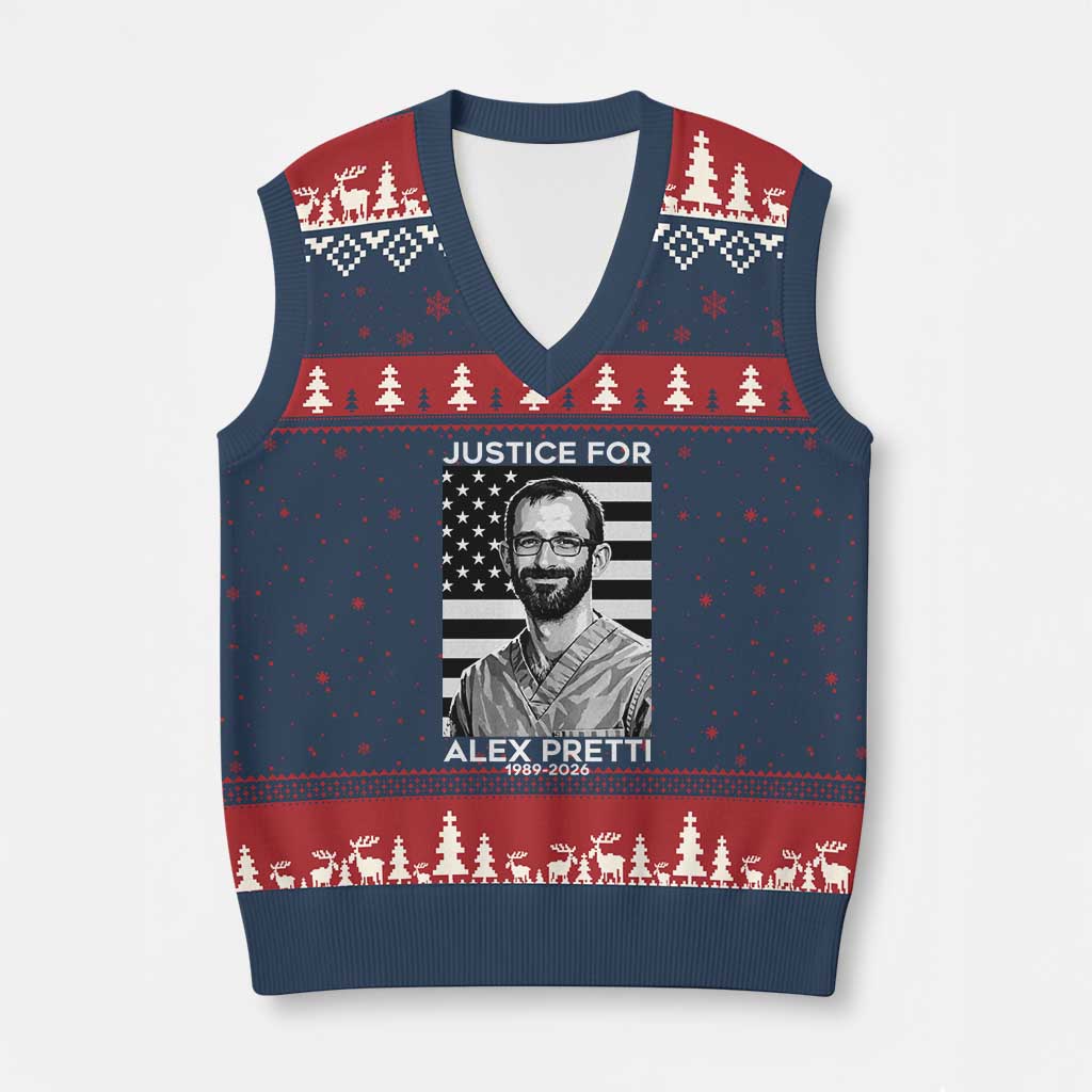 Justices for Alex Pretti V-Neck Knit Sweater Vest Resist ICE Immigration Deportation Protest Minnesota TS14 Navy Red Print Your Wear