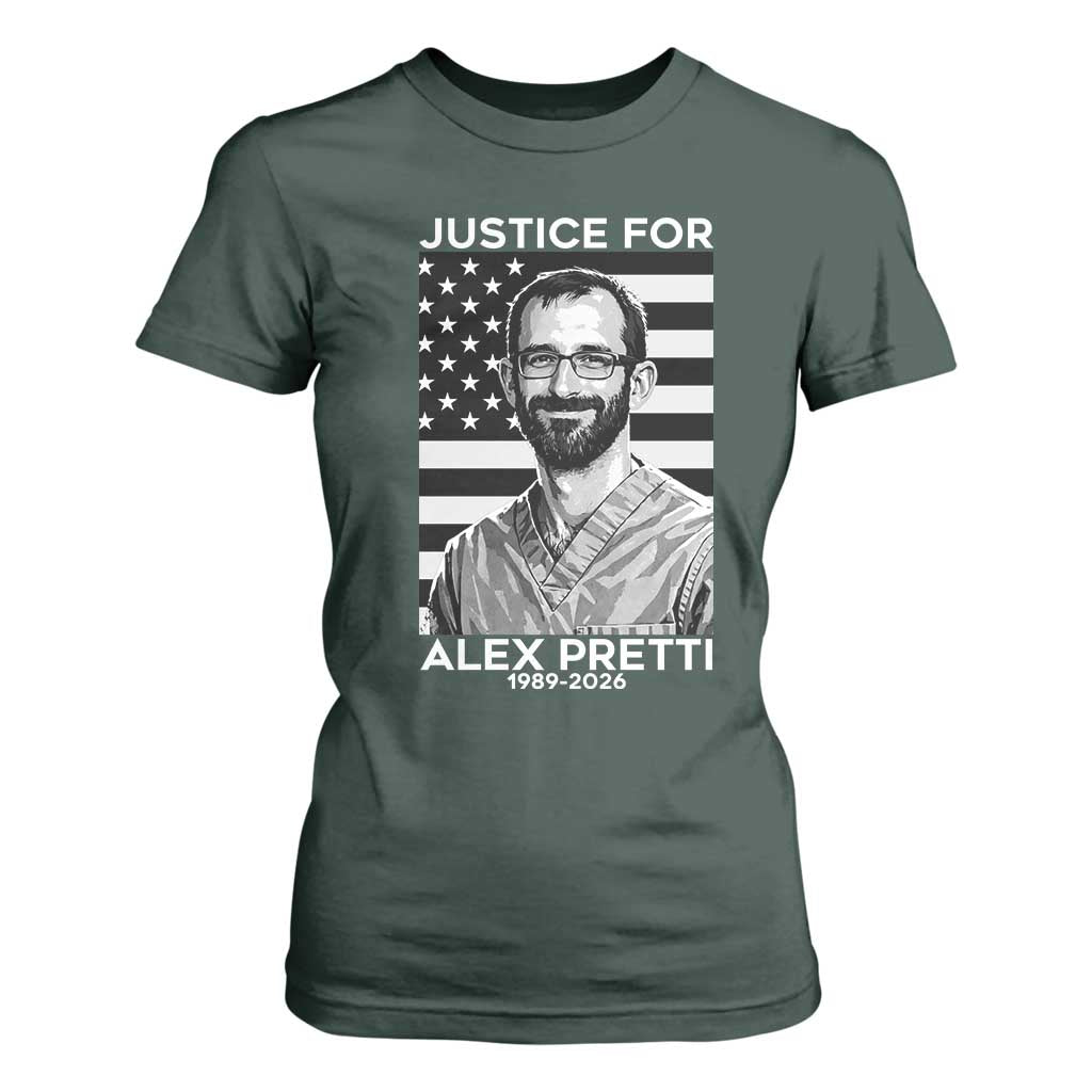 Justices for Alex Pretti T Shirt For Women Resist ICE Immigration Deportation Protest Minnesota TS14 Dark Forest Green Print Your Wear