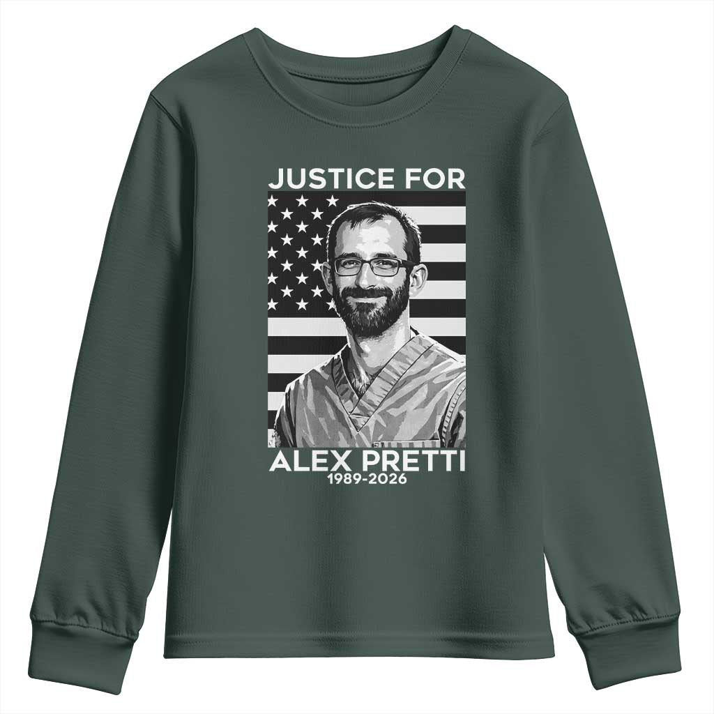 Justices for Alex Pretti Youth Sweatshirt Resist ICE Immigration Deportation Protest Minnesota TS14 Dark Forest Green Print Your Wear