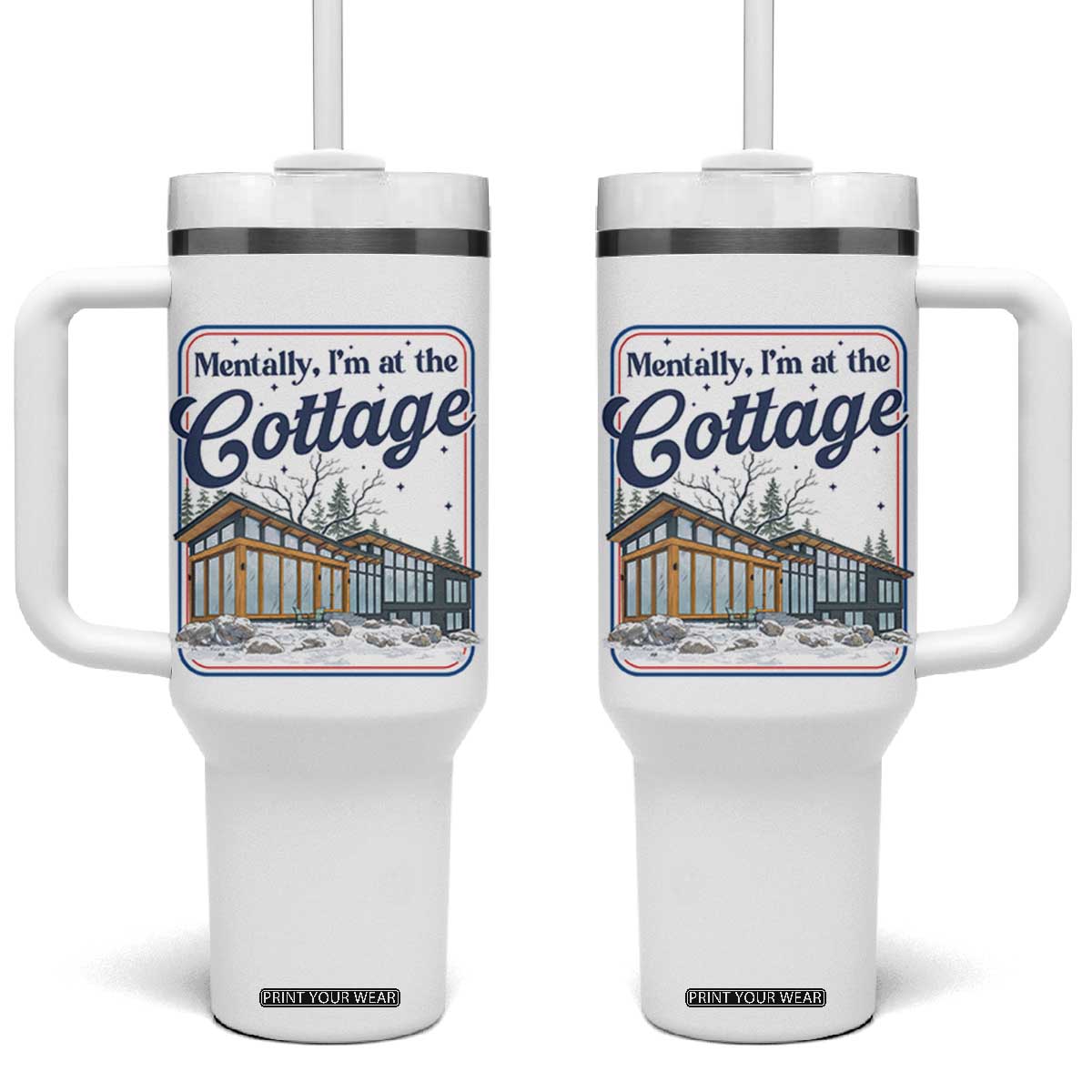 Mentally I'm at the Cottage Tumbler With Handle Funny Hockey Romance TS14 One Size: 40 oz White Print Your Wear