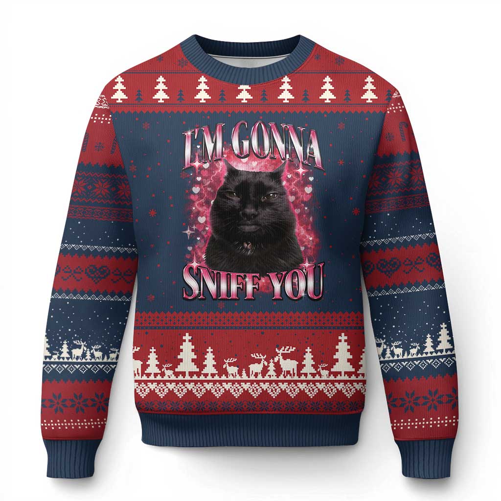 I'm Gonna Sniff You Ugly Christmas Sweater Funny Black Cat Meme TS14 Navy Red Print Your Wear