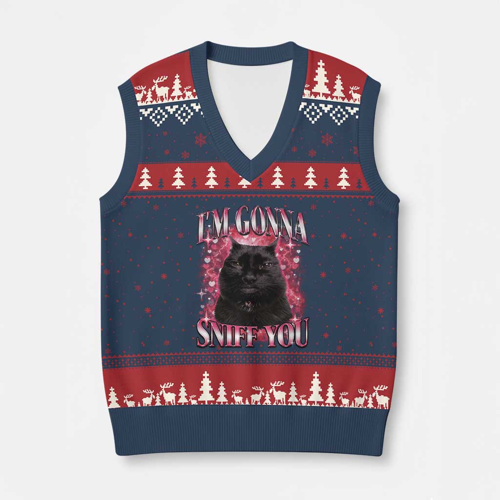 I'm Gonna Sniff You V-Neck Knit Sweater Vest Funny Black Cat Meme TS14 Navy Red Print Your Wear