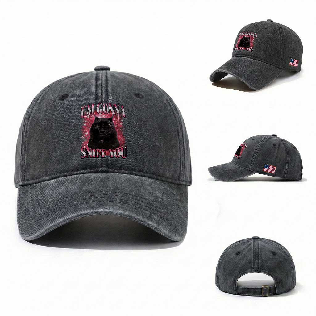 I'm Gonna Sniff You Washed Cotton Baseball Cap Funny Black Cat Meme TS14 Washed Cap Universal Fit Dark Gray Print Your Wear