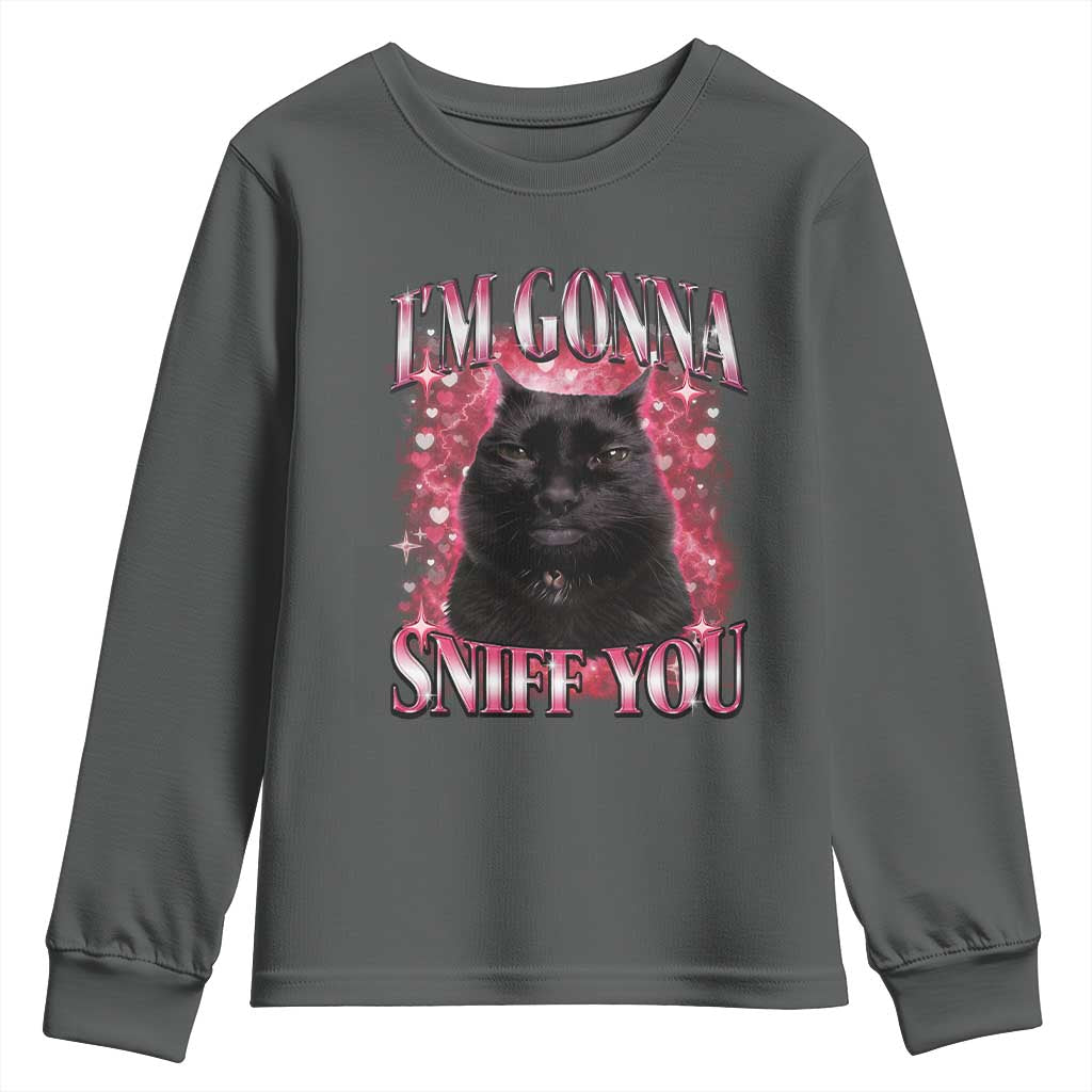 I'm Gonna Sniff You Youth Sweatshirt Funny Black Cat Meme TS14 Dark Heather Print Your Wear