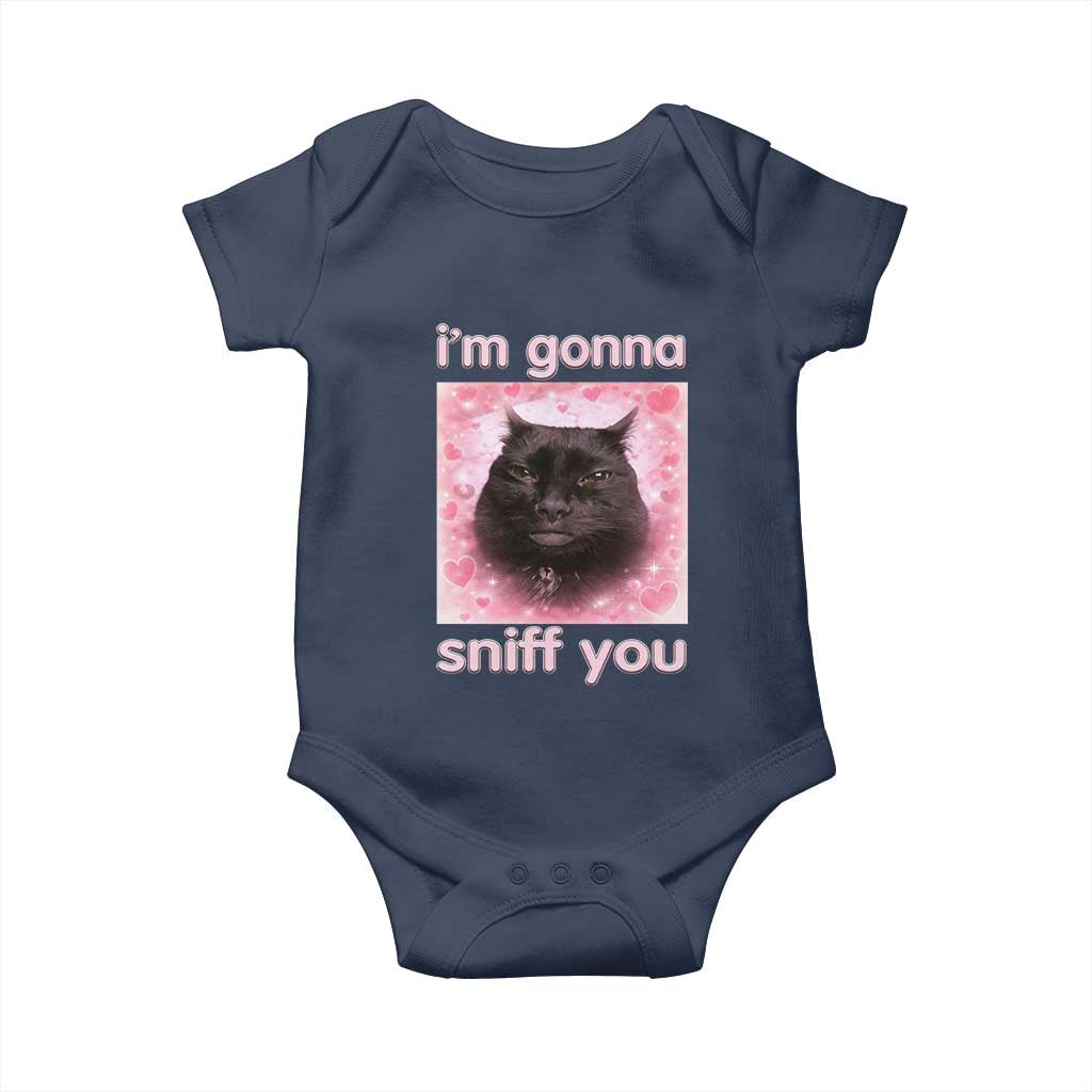 I'm Gonna Sniff You Baby Onesie Funny Black Cat Brainrot Meme TS14 Navy Print Your Wear
