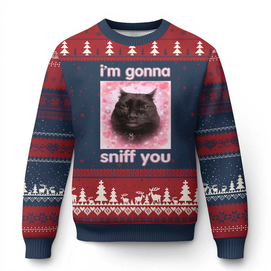 I'm Gonna Sniff You Ugly Christmas Sweater Funny Black Cat Brainrot Meme TS14 Navy Red Print Your Wear
