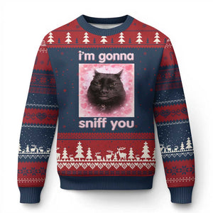 I'm Gonna Sniff You Ugly Christmas Sweater Funny Black Cat Brainrot Meme TS14 Navy Red Print Your Wear