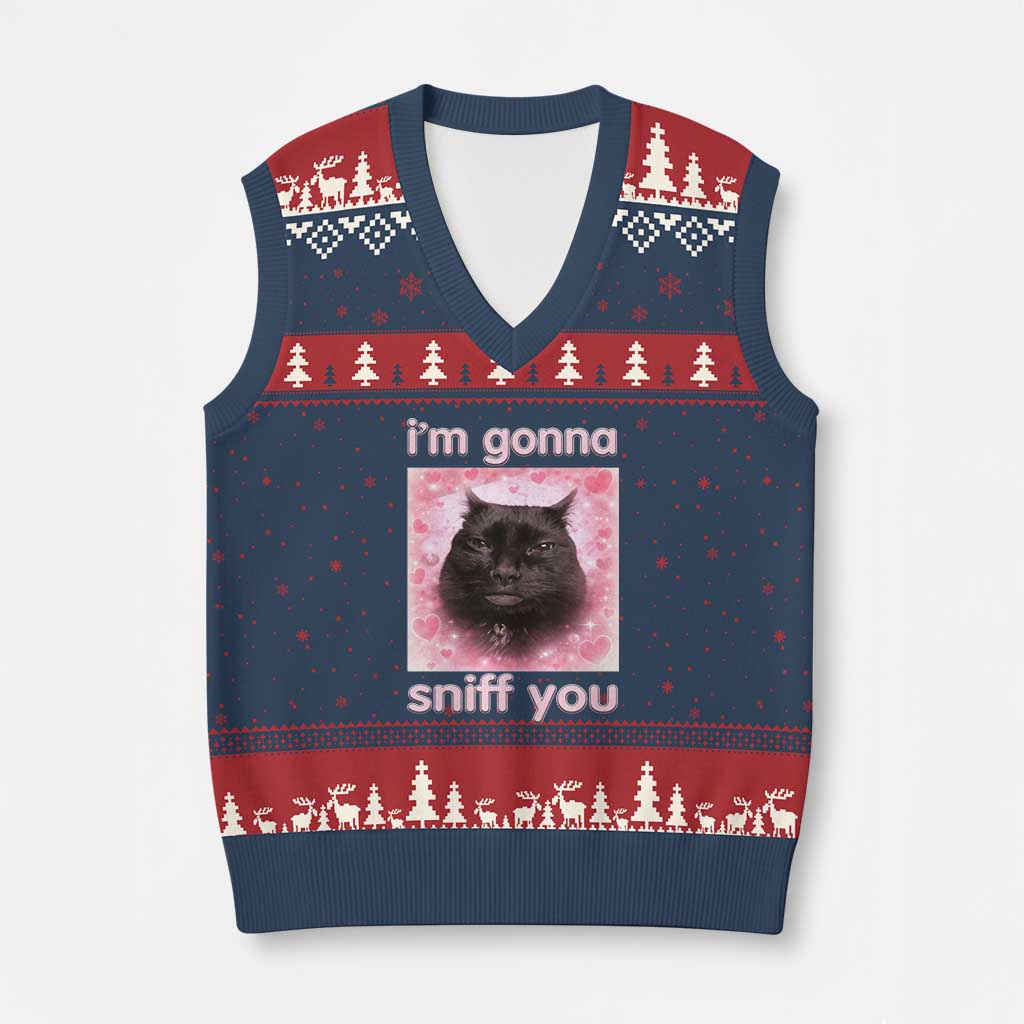 I'm Gonna Sniff You V-Neck Knit Sweater Vest Funny Black Cat Brainrot Meme TS14 Navy Red Print Your Wear