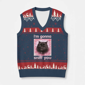 I'm Gonna Sniff You V-Neck Knit Sweater Vest Funny Black Cat Brainrot Meme TS14 Navy Red Print Your Wear