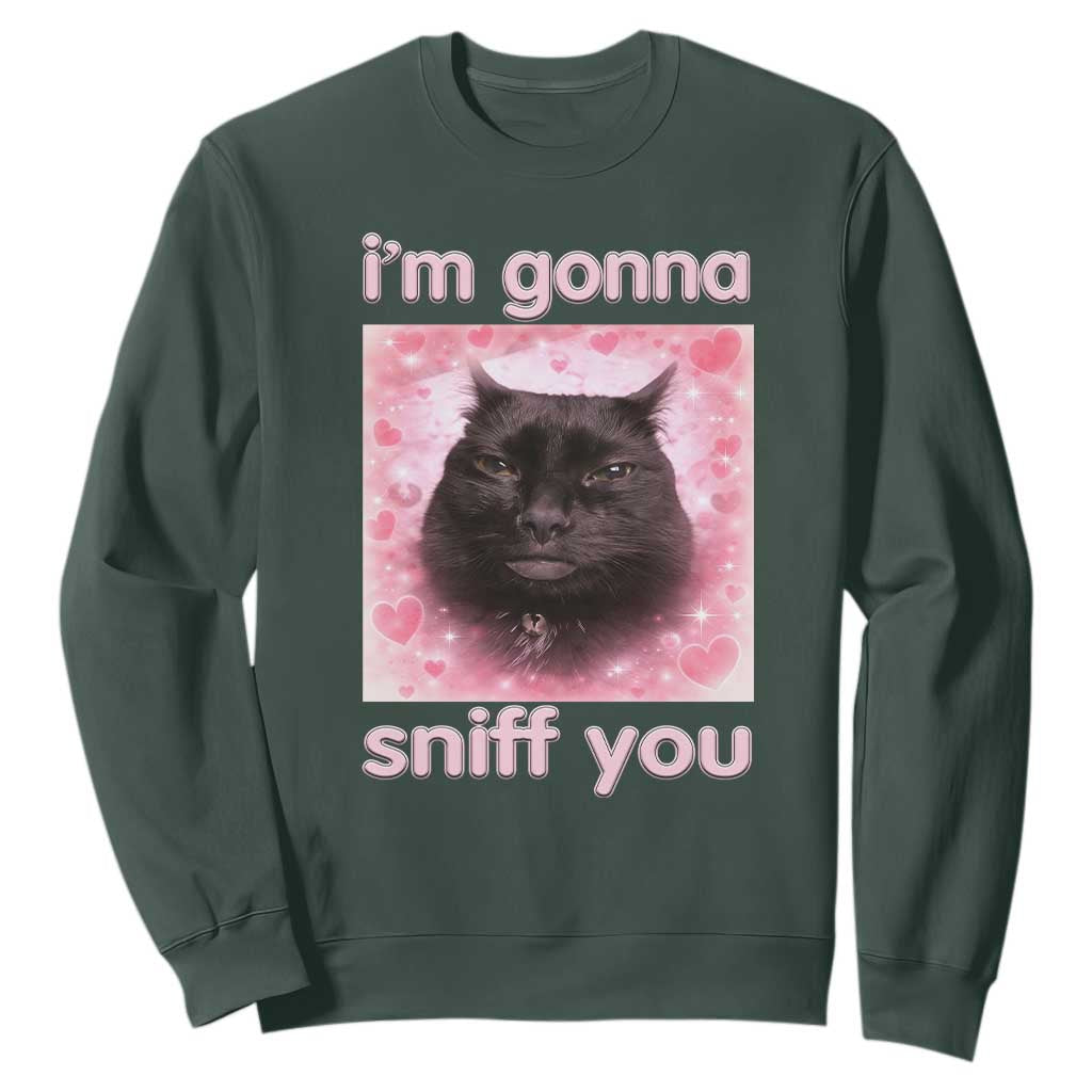 I'm Gonna Sniff You Sweatshirt Funny Black Cat Brainrot Meme TS14 Dark Forest Green Print Your Wear