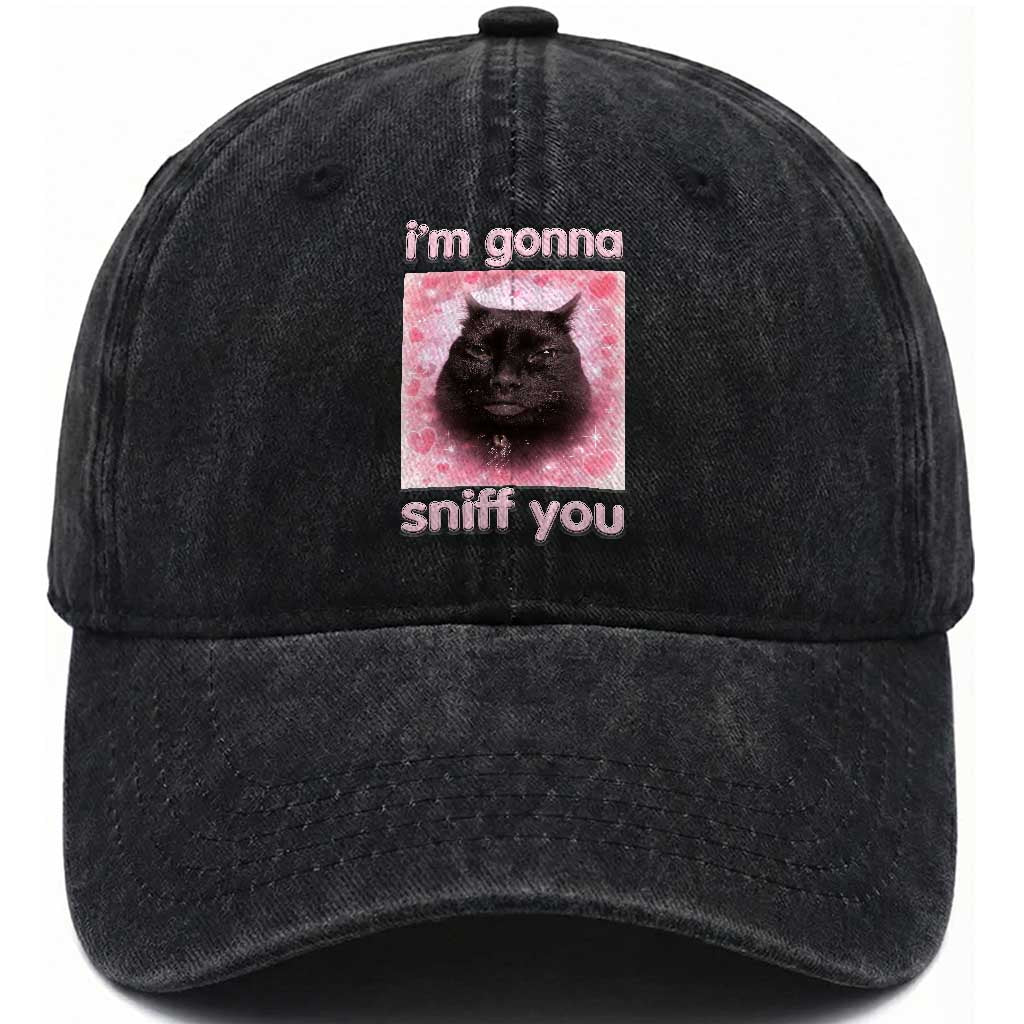 I'm Gonna Sniff You Washed Cotton Baseball Cap Funny Black Cat Brainrot Meme TS14 Washed Cap Universal Fit Black Print Your Wear