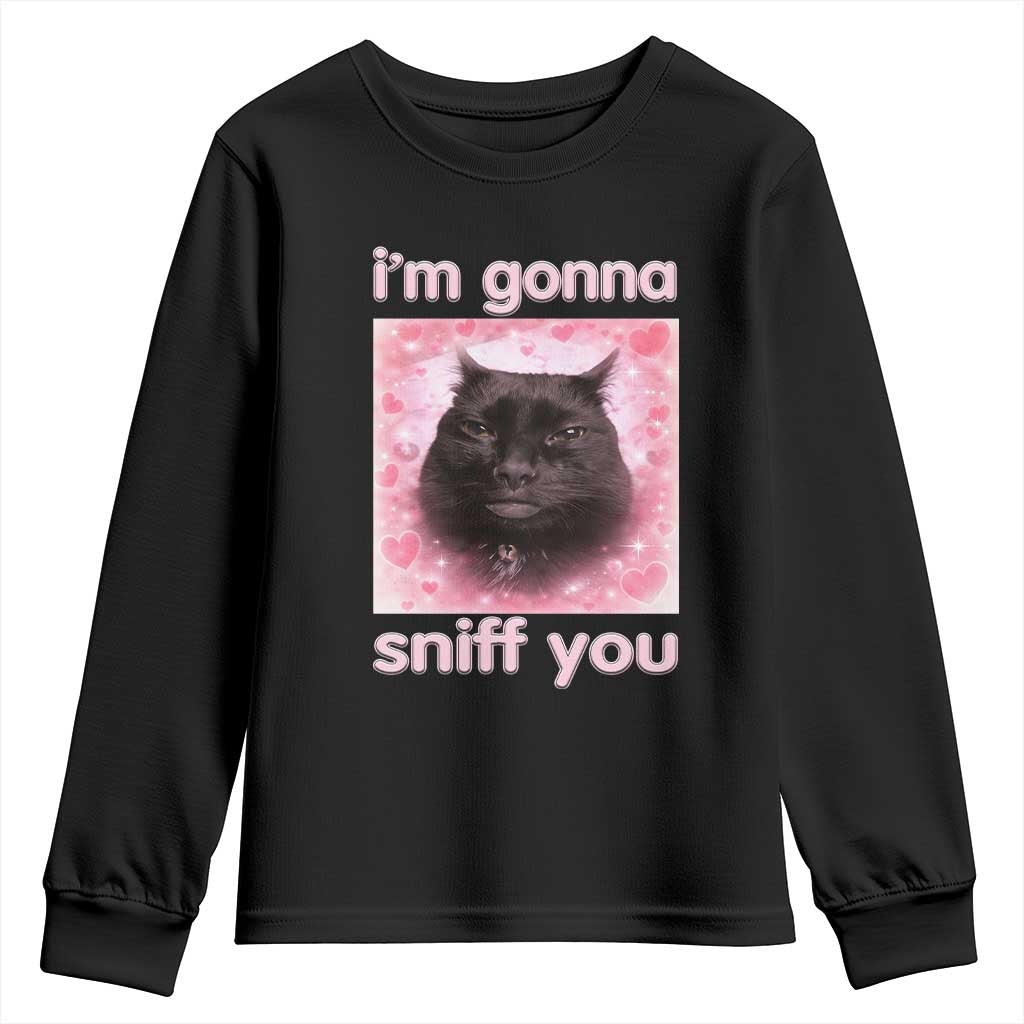 I'm Gonna Sniff You Youth Sweatshirt Funny Black Cat Brainrot Meme TS14 Black Print Your Wear