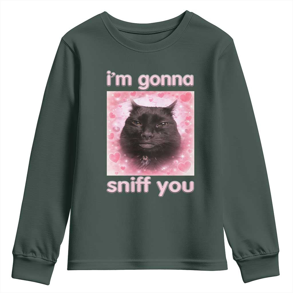I'm Gonna Sniff You Youth Sweatshirt Funny Black Cat Brainrot Meme TS14 Dark Forest Green Print Your Wear