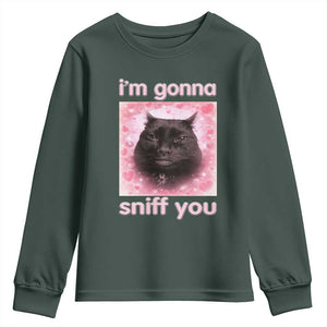 I'm Gonna Sniff You Youth Sweatshirt Funny Black Cat Brainrot Meme TS14 Dark Forest Green Print Your Wear
