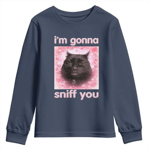 I'm Gonna Sniff You Youth Sweatshirt Funny Black Cat Brainrot Meme TS14 Navy Print Your Wear