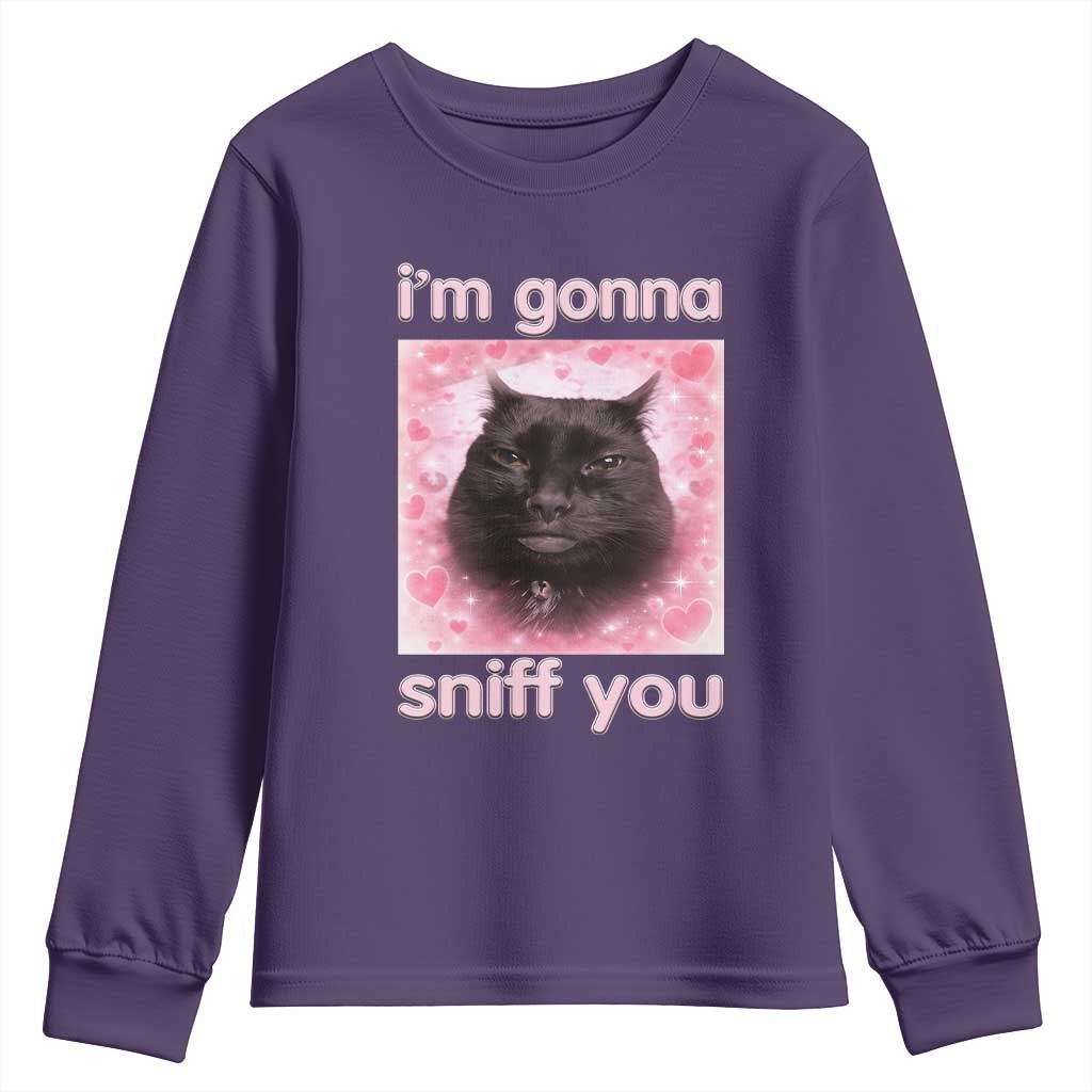 I'm Gonna Sniff You Youth Sweatshirt Funny Black Cat Brainrot Meme TS14 Purple Print Your Wear