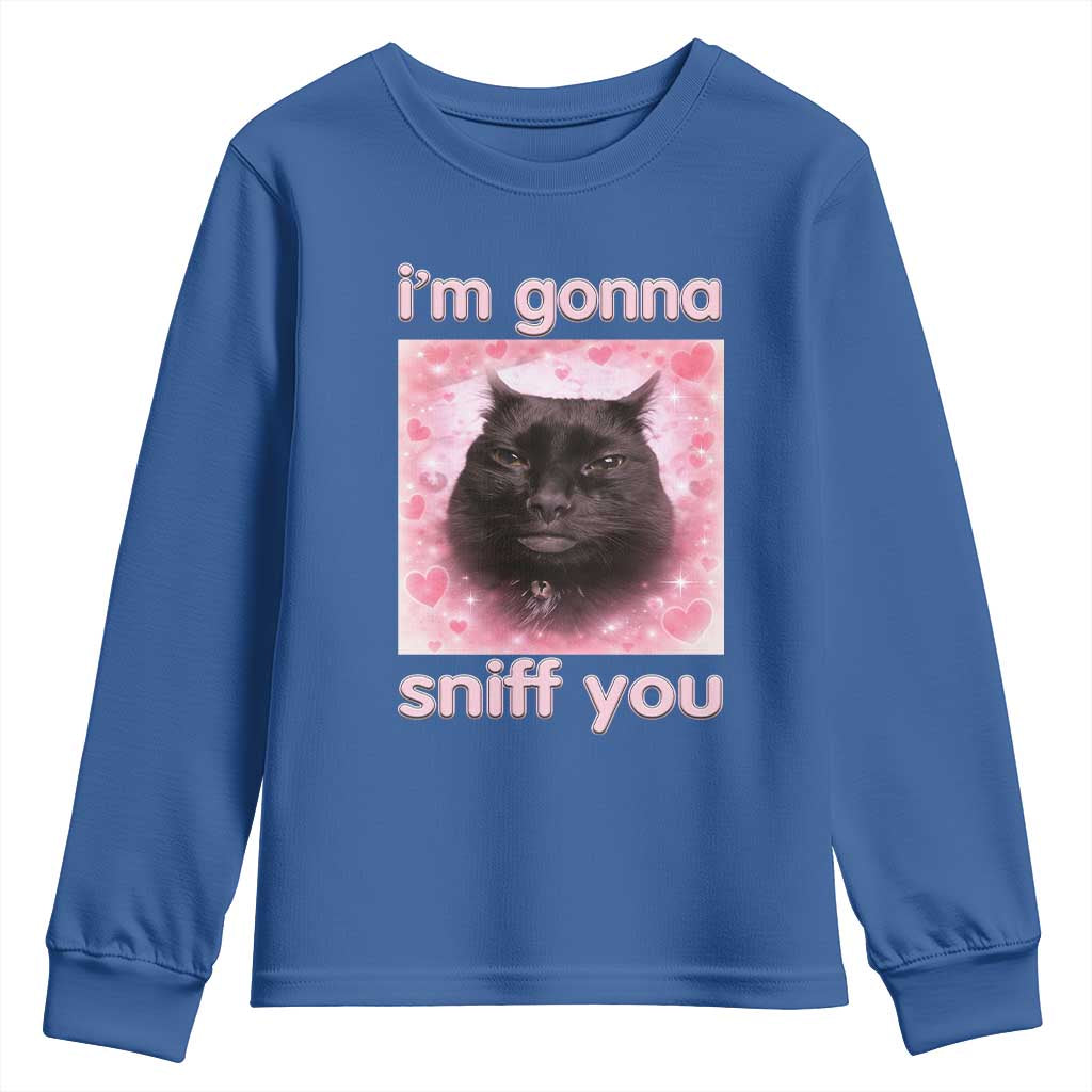 I'm Gonna Sniff You Youth Sweatshirt Funny Black Cat Brainrot Meme TS14 Royal Blue Print Your Wear