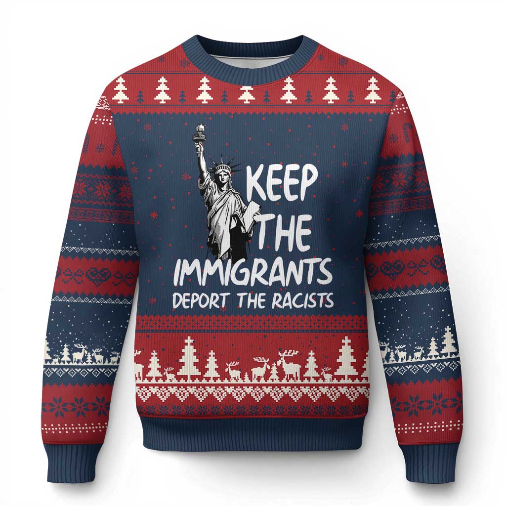 Keep The Immigrants Deport The Racists Ugly Christmas Sweater Statue Of Liberty Anti Racism TS14 Navy Red Print Your Wear