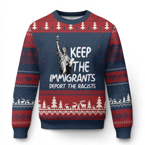 Keep The Immigrants Deport The Racists Ugly Christmas Sweater Statue Of Liberty Anti Racism TS14 Navy Red Print Your Wear