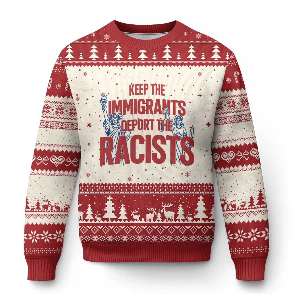 Keep The Immigrants Deport The Racists Ugly Christmas Sweater Statue Of Liberty Anti Racism Political Statement TS14 Beige Red Print Your Wear