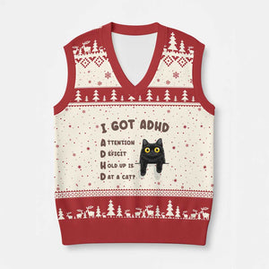 I Got ADHD is that A Cat V-Neck Knit Sweater Vest Funny Cat Lover TS14 Beige Red Print Your Wear