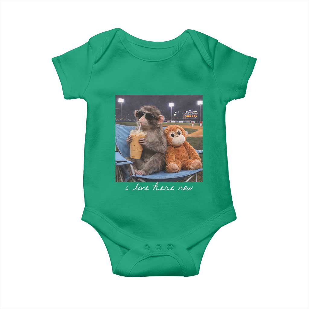 Funny Punch Monkey Baseball Baby Onesie I Live Here Now Ballpark Graphic TS14 Irish Green Print Your Wear