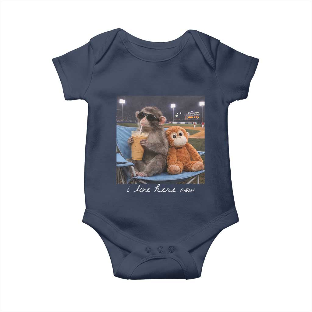 Funny Punch Monkey Baseball Baby Onesie I Live Here Now Ballpark Graphic TS14 Navy Print Your Wear