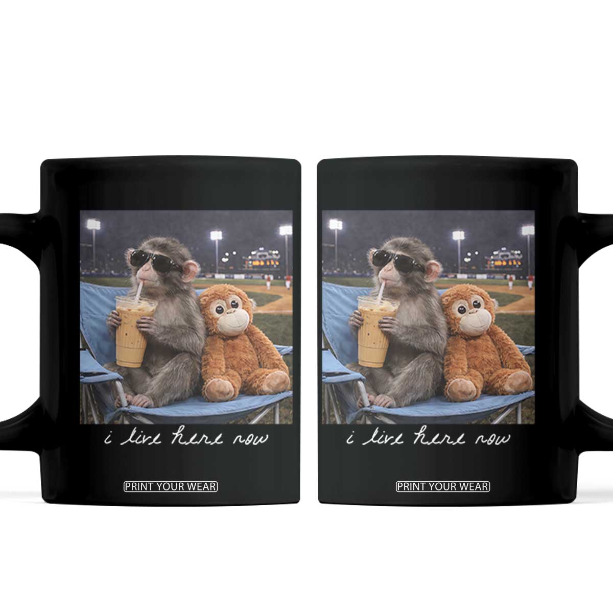 Funny Punch Monkey Baseball Coffee Mug I Live Here Now Ballpark Graphic TS14 Black Print Your Wear