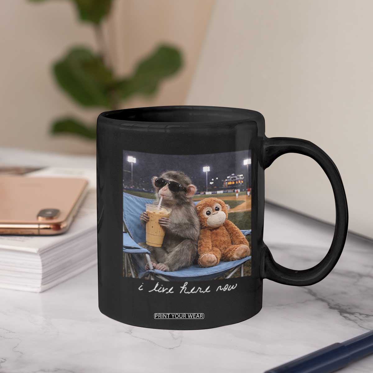 Funny Punch Monkey Baseball Coffee Mug I Live Here Now Ballpark Graphic TS14 Print Your Wear